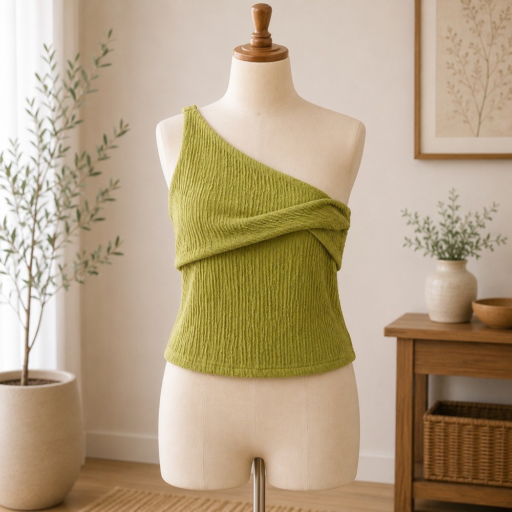 NWT Cupshe One Shoulder Top Womens Medium Green Crinkle Textured Asymmetrical